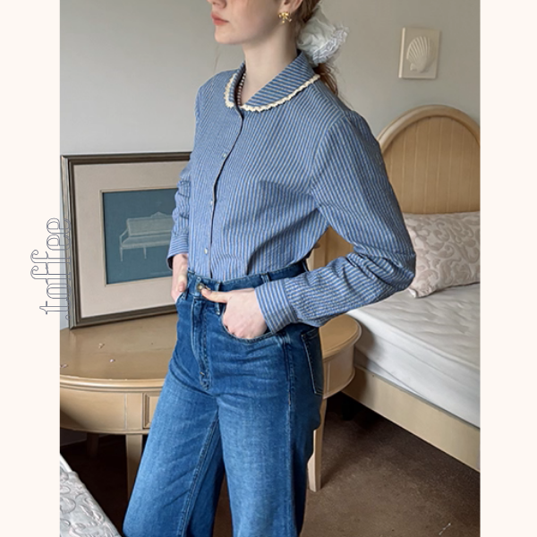 レースが語る午後の記憶ストライプシャツ《Z01177》