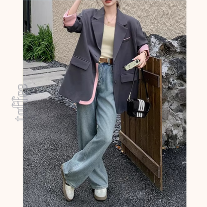 ピンク配色のカラーブロックスーツジャケット《Z01332》