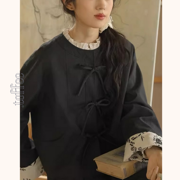 リボン留め×レイヤード風ブラックセットアップ《Z01358》