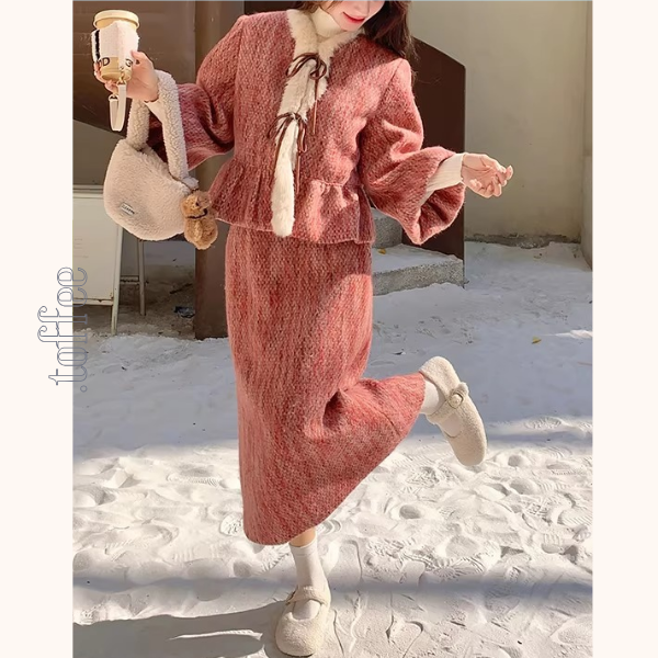 淡紅ファーリボンジャケット＆ミモレ丈スカートのセットアップ《Z01268》