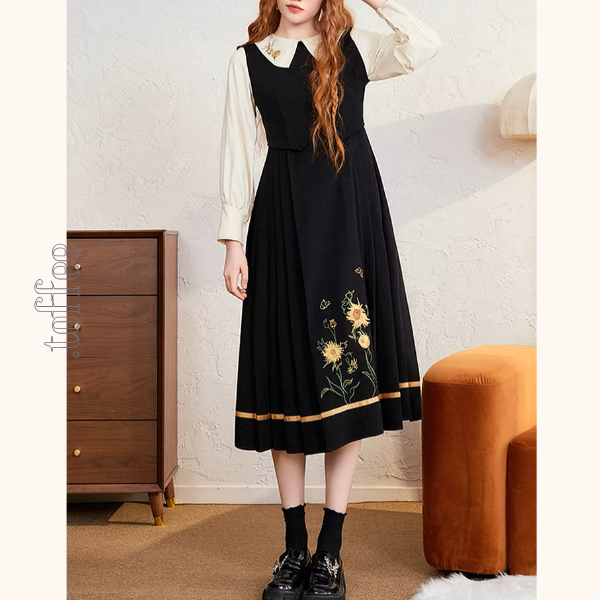 バイカラーと刺繍が映える上品プリーツワンピース《Z01207》