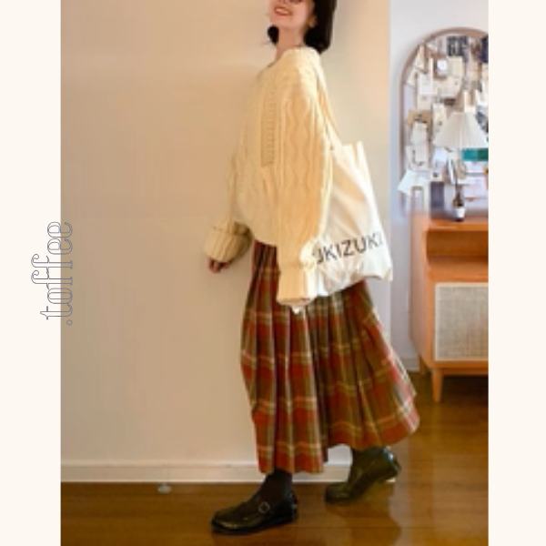揺れるオレンジ×グリーン＊レトロチェックプリーツスカート《Z01205》