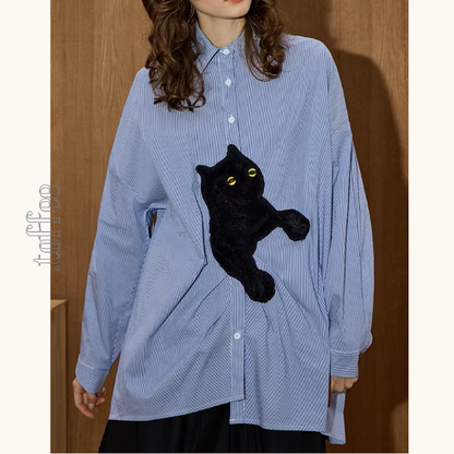 黒猫アップリケ付きストライプシャツ《Z01105》