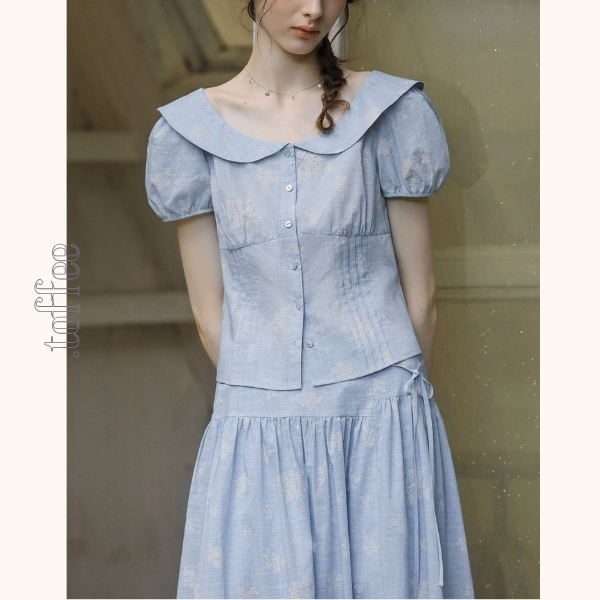 丸襟とパフスリーブのブルーワンピース《Z01090》