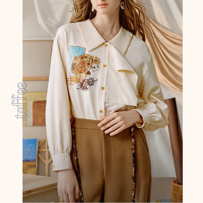 ひまわりの詩を纏うアップリケシャツ《Z01127》