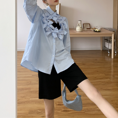 【3color】フロントリボンデザインルーズシャツ Z00049