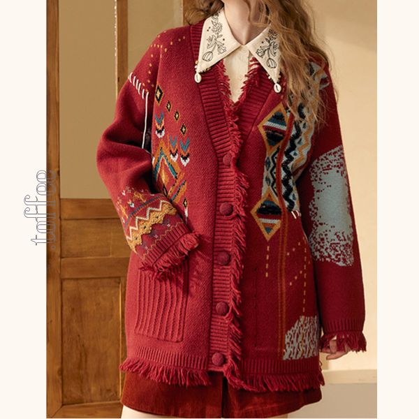 【2color】フリンジ付き北欧風ミドル丈カーディガン　《Z00671》