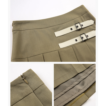 【2color】二つのベルト付きミモレ丈Aラインプリーツスカート Z00223