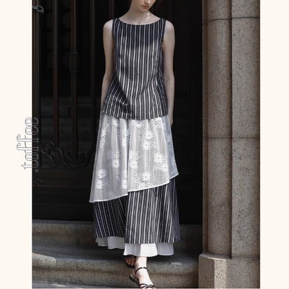 ストライプノースリーブトップ＆レース装飾ロングスカートセットアップ《Z01028》