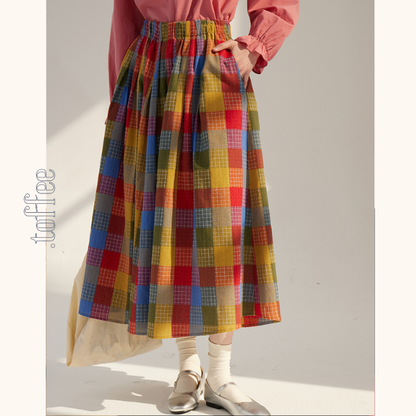 カラフルチェック柄ロングフレアスカート　《Z00786》