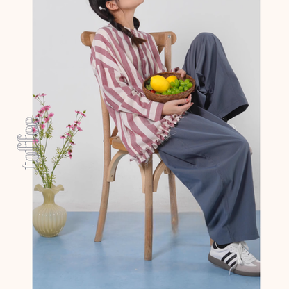 【2color】ストライプ柄フリル装飾シャツ《Z00894》