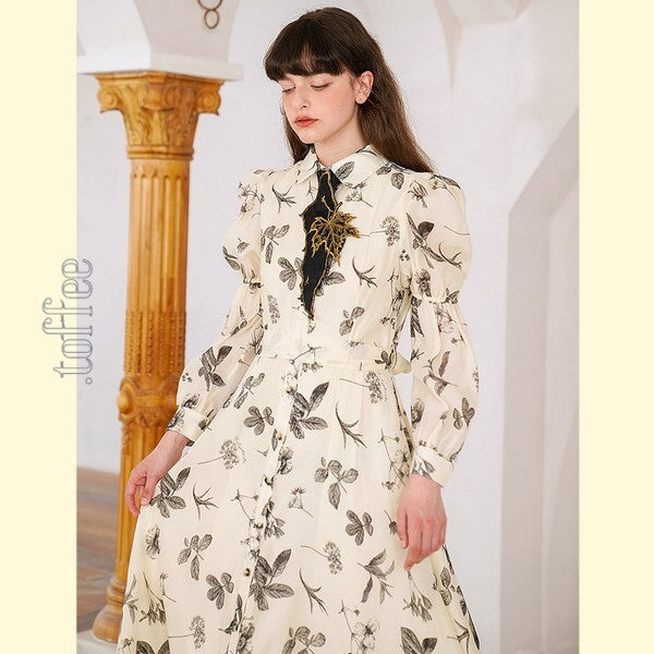 クラシカルボタニカルプリント　パフスリーブシャツワンピース　C0165