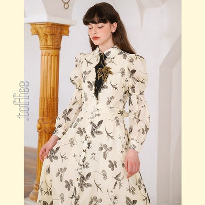 クラシカルボタニカルプリント　パフスリーブシャツワンピース　C0165