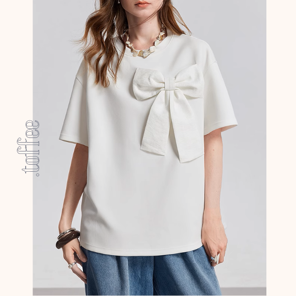 【2color】ビッグリボンクルーネック半袖Tシャツ《Z00933》