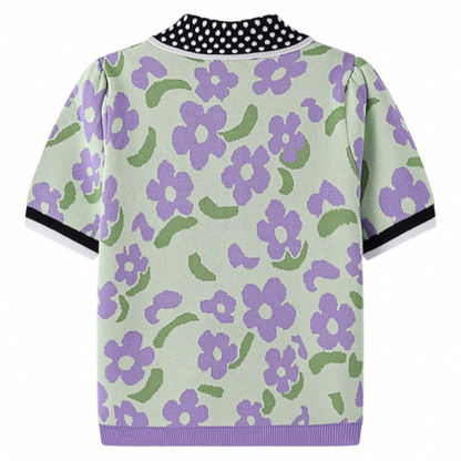 ドット柄×花柄半袖ポロシャツ Z00205