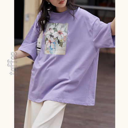 【3color】フラワープリントオーバーサイズTシャ《Z00993》