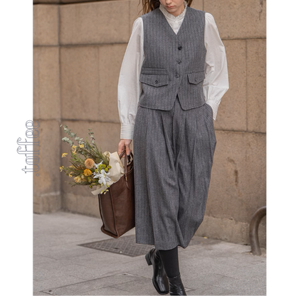 【3color】チェック柄リボン装飾ジレ＆ミモレ丈プリーツスカートセットアップ《Z00858》