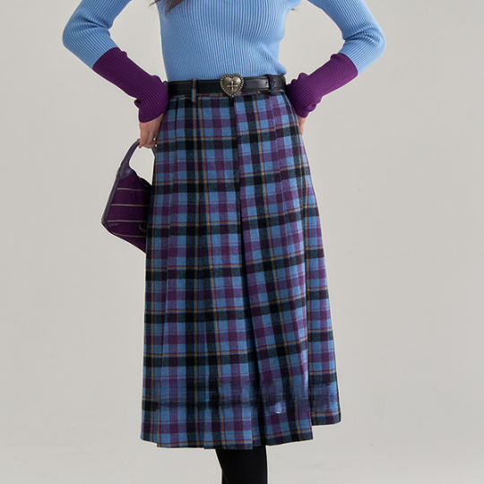 ハイウエストチェック柄ミモレ丈スカート　《Z00656》