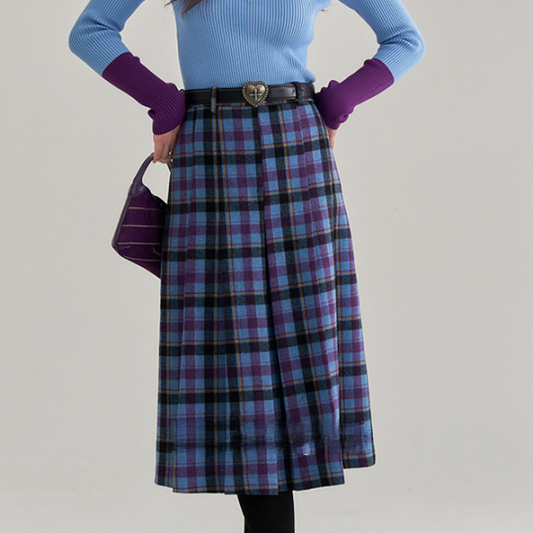 ハイウエストチェック柄ミモレ丈スカート　《Z00656》
