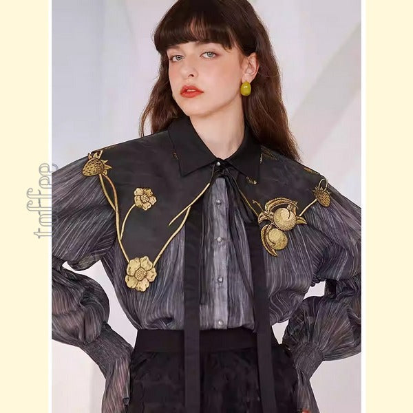 【2color】果物モチーフの植物画刺繍：ロマンティックフェアリーケープ　C0168