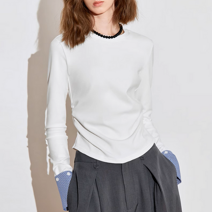 【2color】ギンガムチェックカフスクルーネックトップ《Z00926》