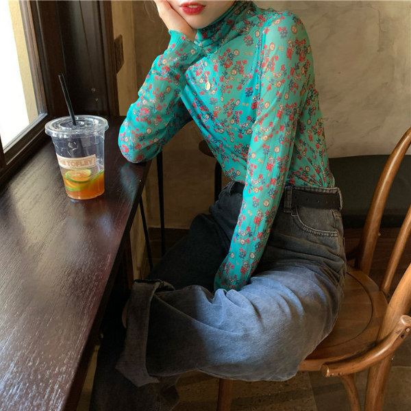 【5color】レトロな花柄シースルートップス Z00105