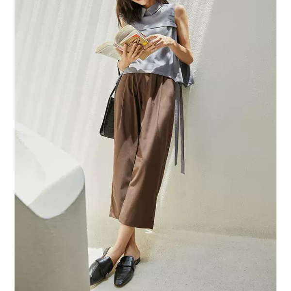 エッジボタンステッチクロップドパンツ w-013