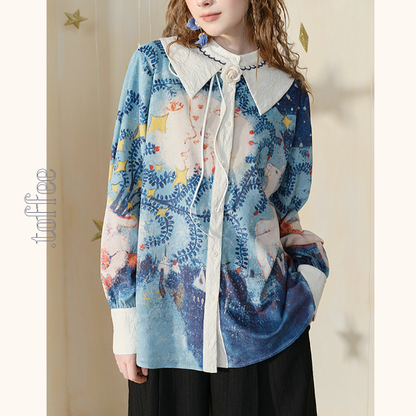 ポニーと星空の油絵プリントシャツ《Z00840》