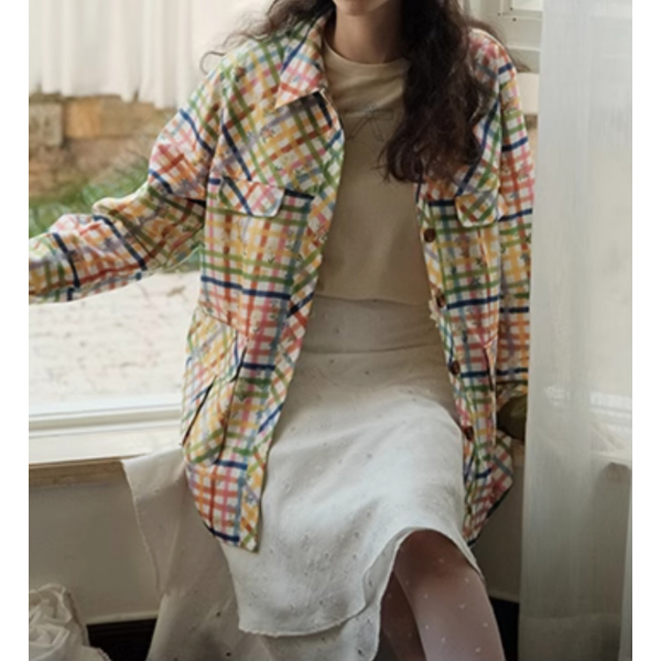 小花×チェック柄のカラフルシャツ Z00078