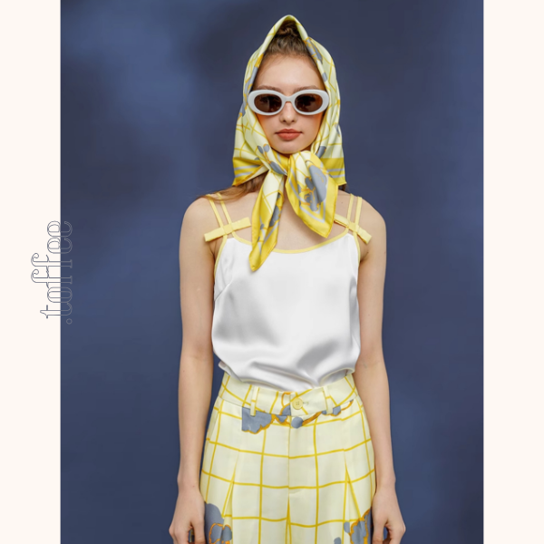 羊プリント　レモンイエローウィンドウチェック　シルキータッチ大判スカーフ C0147