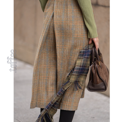 【3color】チェック柄リボン装飾ジレ＆ミモレ丈プリーツスカートセットアップ《Z00858》