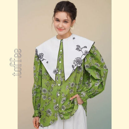 ローズフレンチレトロプリントシャツ: 個性的なエレガンスを纏う 《C0213》