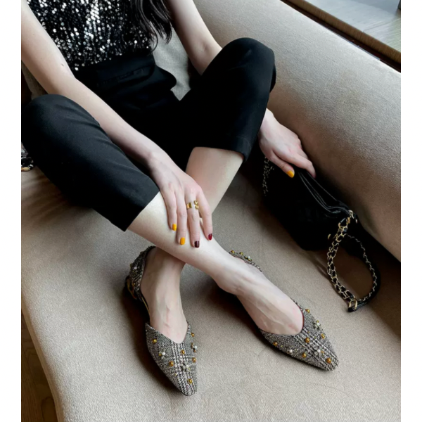 スタッズデコレーションチェックパンプス w-125