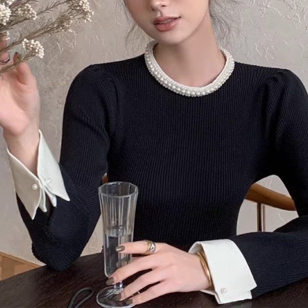 【2color】パールネックが輝くラグジュアリーニットセーター《Z01312》
