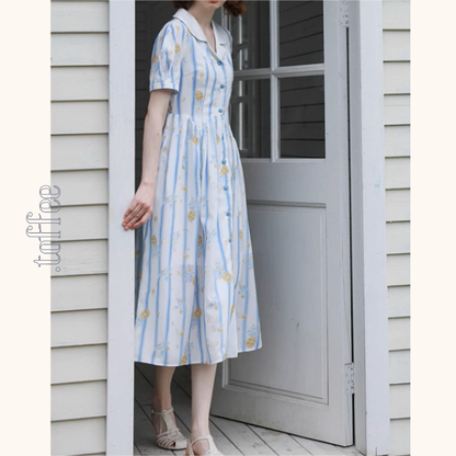 花柄＆ストライプフレンチシャツワンピース《Z00879》