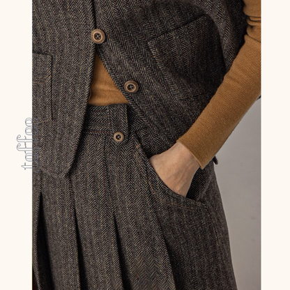 【2color】ベルトディテールチェック柄ベスト＆ロングプリーツスカートセットアップ《Z00856》