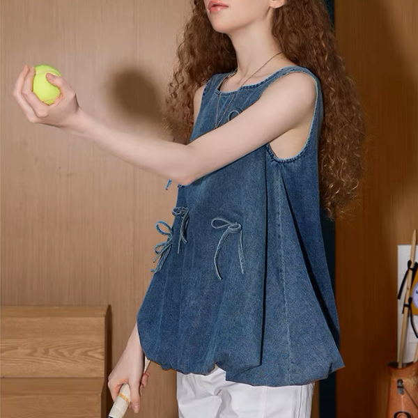 リボン装飾ノースリーブデニムトップ《Z00898》