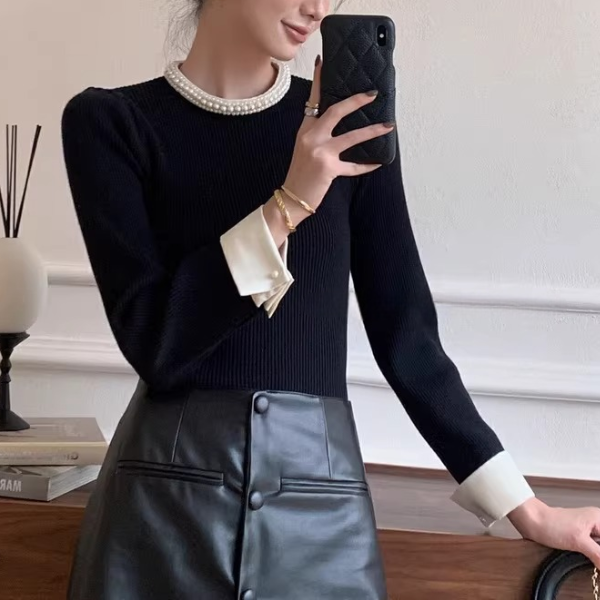 【2color】パールネックが輝くラグジュアリーニットセーター《Z01312》