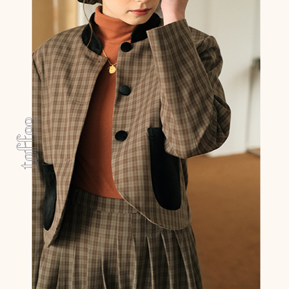 ブラックポケット付きジャケット＆ミモレ丈スカートのブラウンチェックセットアップ　Z00514