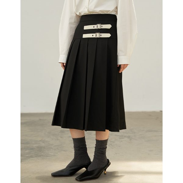 【2color】二つのベルト付きミモレ丈Aラインプリーツスカート Z00223