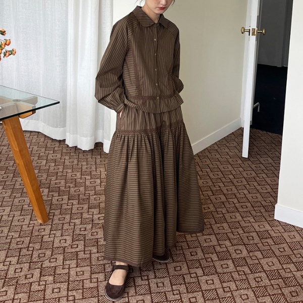 【2color】レトロストライプフリルヘムセットアップ X-263