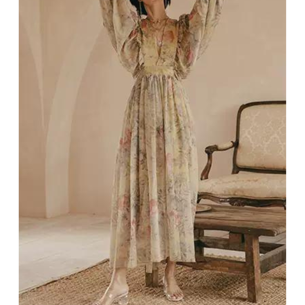 フラワープリントボリュームスリーブワンピース X-046