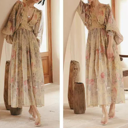 フラワープリントボリュームスリーブワンピース X-046