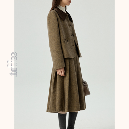 ヘリボーン柄ショートジャケット＆プリーツミディスカートのセットアップ　Z00481