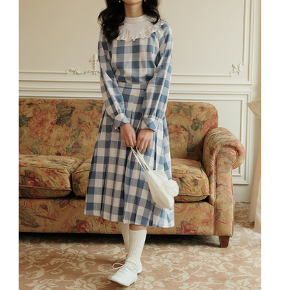 チェック柄ドールカラーブラウス＆スカートセットアップ Z00085