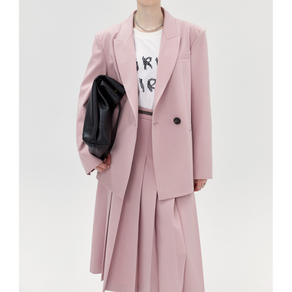 オーバーサイズジャケットとプリーツスカートのピンクセットアップ X-404