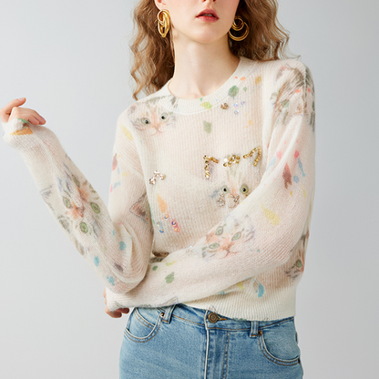 ビジュー＆キャットニットプルオーバー　Z00595