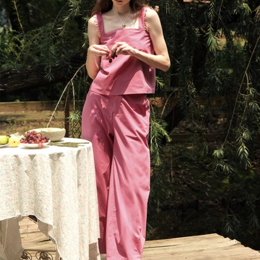 【2color】シンプルレースキャミソール＆ロングパンツのセットアップ Z00204