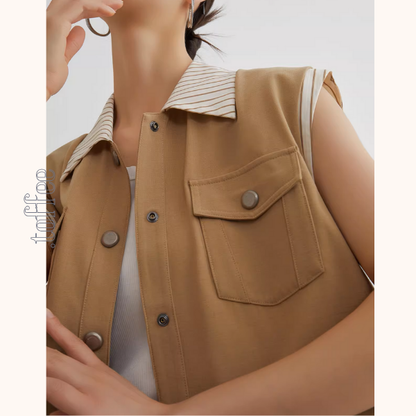 ストライプディテールレイヤード風ベスト＆ドローストリングハーフパンツセットアップ《Z00943》