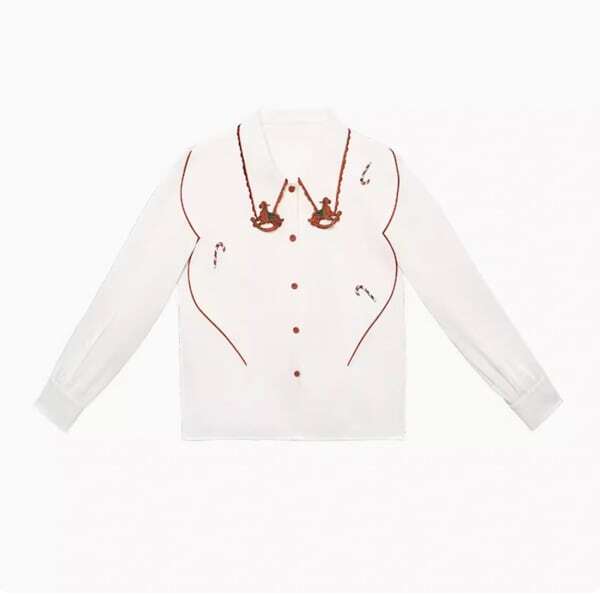 【2color】木馬刺繍配色ビッグ衿ブラウス C0109